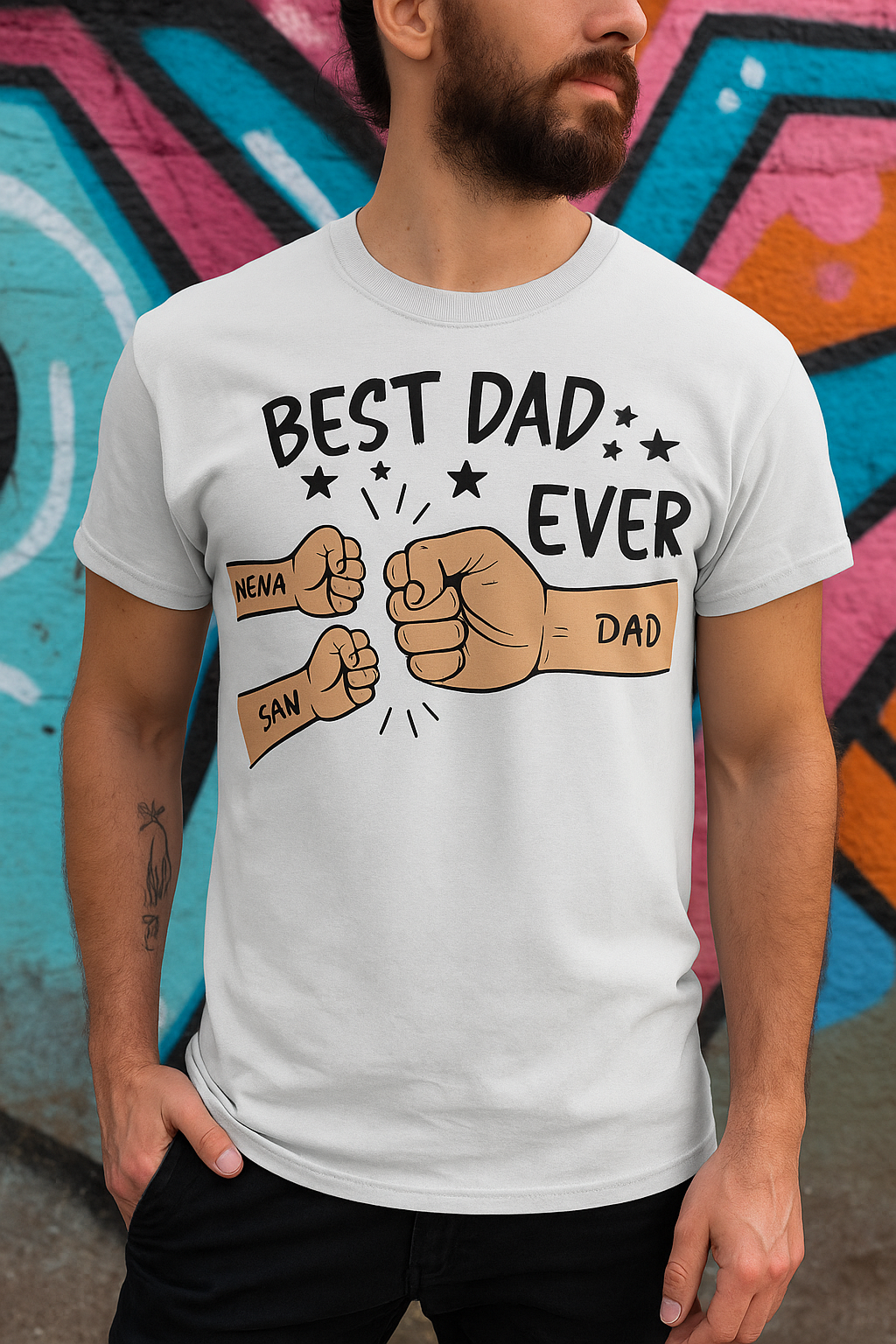 Father’s Day shirt on hanger, fist bump design in bold black letters, gift idea for dads