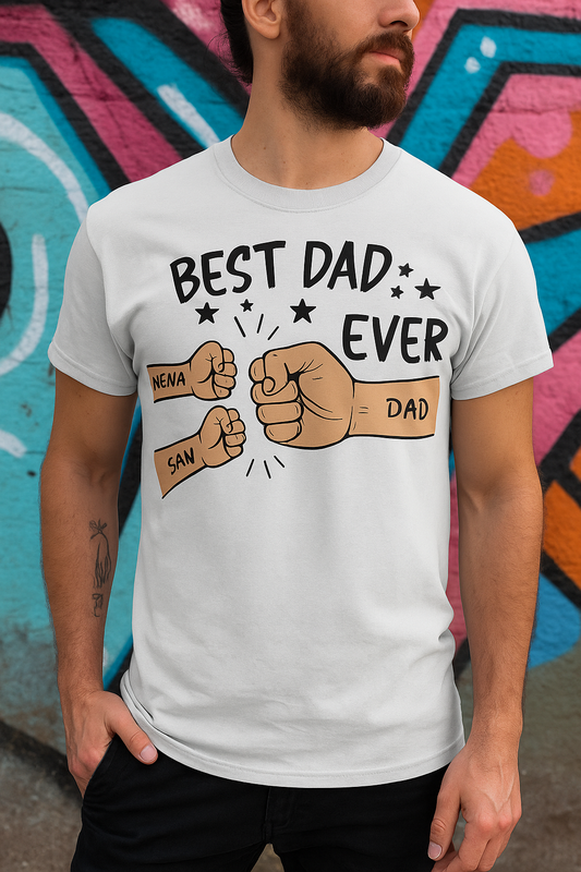 Father’s Day shirt with fist bump design, reads “Best Dad Ever,” white unisex fit